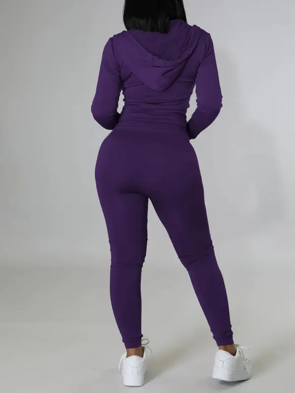 【Plus Size】 Two-Piece Set Solid Zip Up Pocket Hooded Jacket & Pants, Casual Long Sleeve Hooded Top & Trousers for Spring & Fall, Women's Clothes for Daily Wear 8