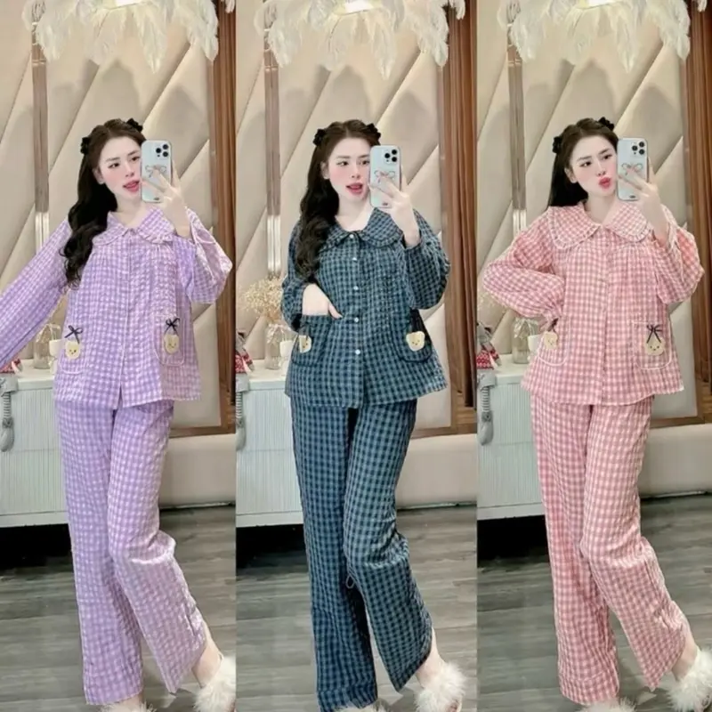 DỌN KHO ...M1 [40-65kg] -2 size Bộ pijama ( ÁO DÀI +QUẦN DÀI)CỔ SEN BÈO hai túi GẤU chất liệu đũi mềm họa tiết kẻ KARO nhiều màu mặc thu đông Nữ Women