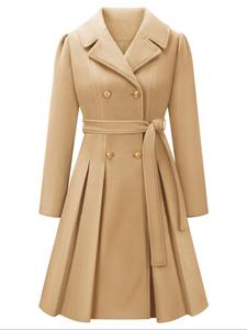 Women's Solid Double Button Belted Wool Trench Coat, Elegant Lapel Neckline Long Sleeve Plicated Outerwear for Fall & Winter, Women's Clothing for Daily Wear