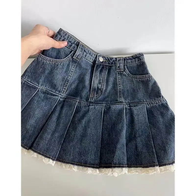 Chân Váy Denim Xếp Ly Ren Ngọt Ngào Hàng Mới Về Mùa Hè, Dành Cho Nữ, Cạp Cao, Chữ A Mỏng Vừa Vặn, Chống Lộ, Phong Cách 2024 1