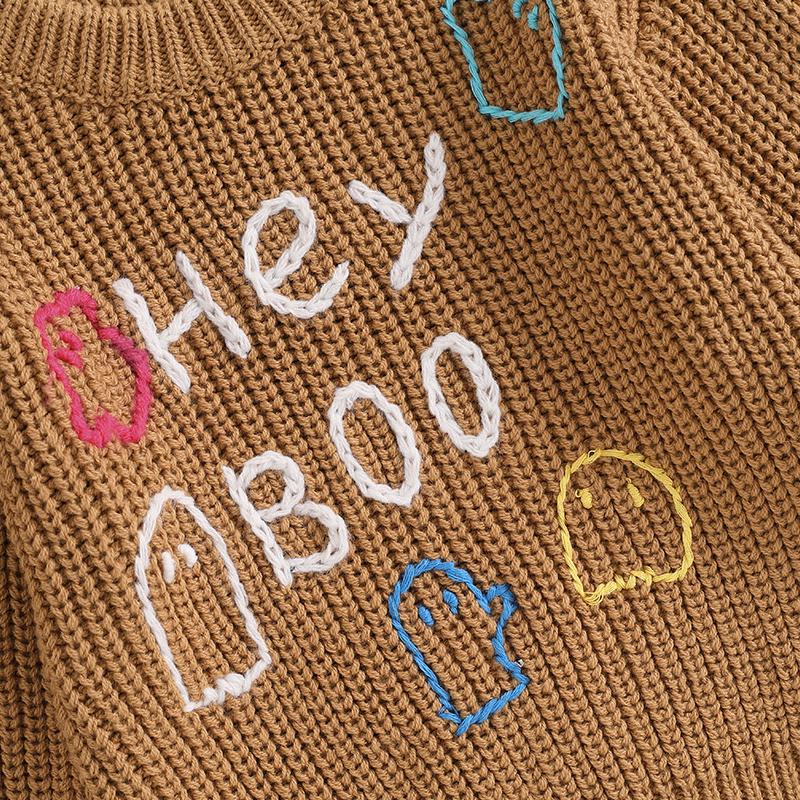 Product Introduction of Newborn Baby Halloween Sweater Casual Letter Ghost Embroidery Knitted Long Sleeve Pullover Infant Knitwear for Toddler 49
