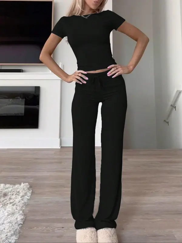 Women's Solid Short Sleeve Two-piece Set, Casual Tracksuit, Round Neck Crop Tee & Drawstring High Waist Trousers, Sixth Form Outfit, Co Ords for Women, Holiday Evening Outfits, Classy Going Out Tops & Pants Autumn Outfits 2024, Gym Sets, Fall Outfits 1