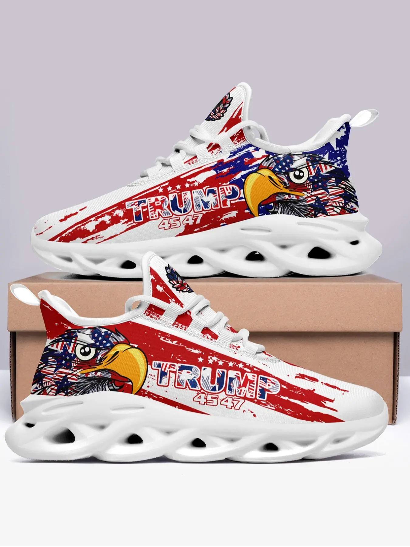 Men's Eagle Print Lace Up Front Sneakers, USA Election Themed Casual Comfortable Breathable Sports Running Shoes, Male All-match Round Toe Shoes for Daily Wear