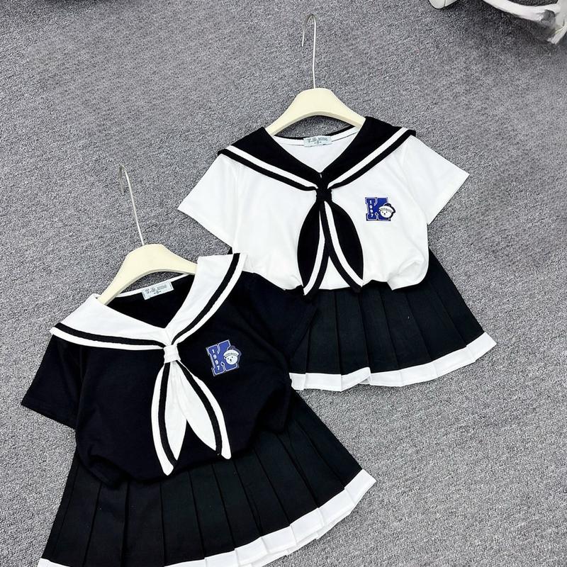 Bộ nơ thuỷ thủ Ong Kis cho bé gái K in chữ kèm chân váy đi học 16-28kg Cotton Thun Kaki  Vải Cotton