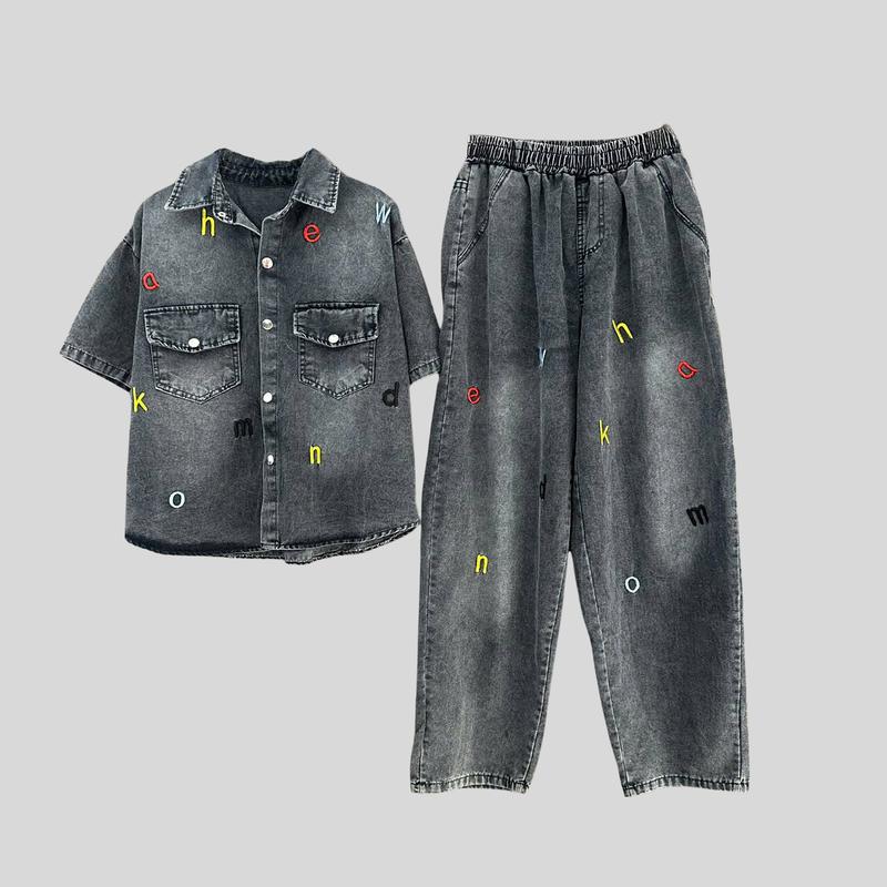  Sét Jane B29 Áo Cổ Đức Tay Cộc Khuy Bấm Thêu Hinh Chữ  Quần Baggy Dài Viền Cạp Chun Cho Nữ Chất Jane Mềm Màu Đen Khói và Xanh  Size S và M Women 