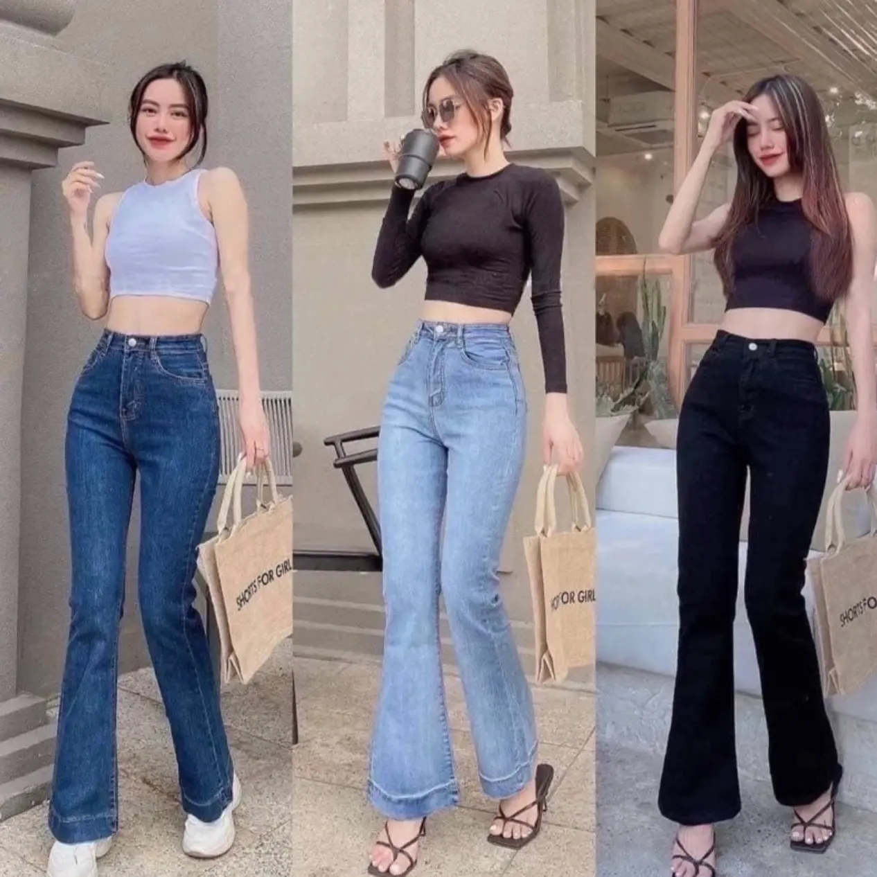 Quần jeans loe lai 3 phân lưng cao co dãn 4 chiều hách dáng cực chất