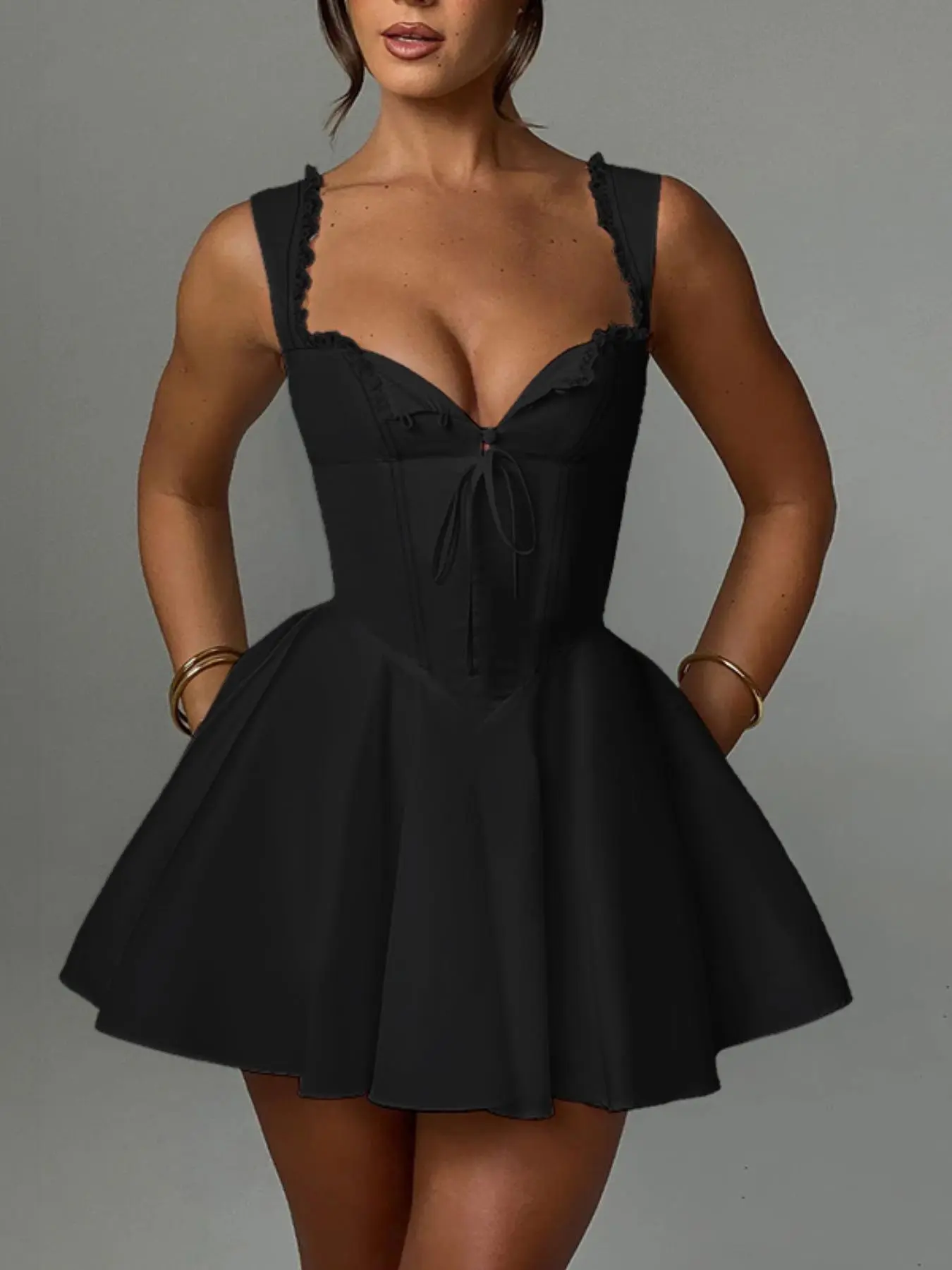 Women's Contrast Lace Sweetheart Neck Fit and Flare Dress, Elegant Button Corset Structure Short Dress for Party Wedding Guest, Ladies Summer Clothes, Nadine Merabi Dress