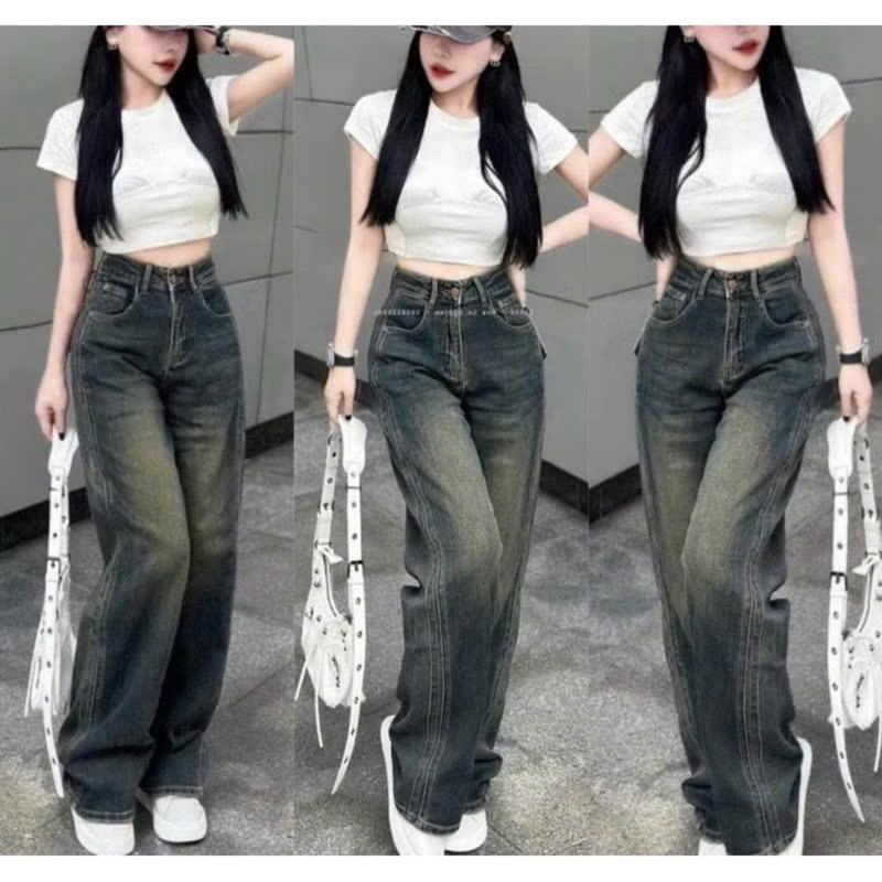 Quần jeans nữ ống suông cao cấp 2 sọc ở bên quần bò nữ suông chất vải dày dặn thời trang sành
