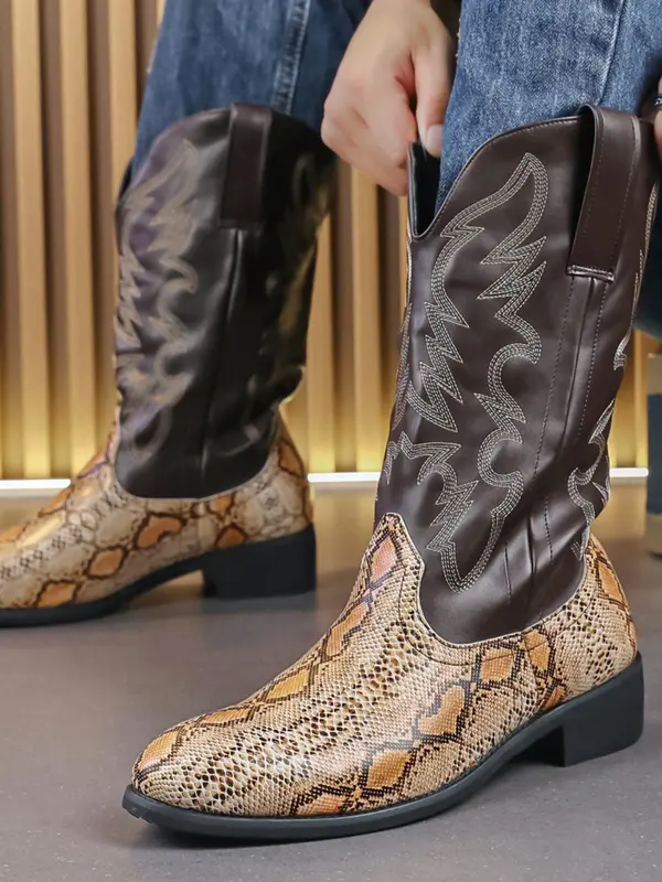 Men's Fashionable Snakeskin Print Embroidering Design Boots, Punk Style Cowboy Boots for Daily Wear, Fashion Vintage Shoes for Party, Daily Clothing Decor 2
