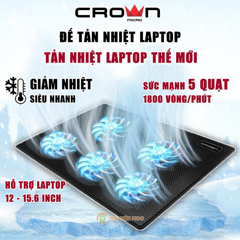 Đế Tản Nhiệt Laptop Gaming Crown CM05 - 5 Quạt, Giá Đỡ Laptop 15.6 Inch, Làm Mát Nhanh, Chống Ồn
