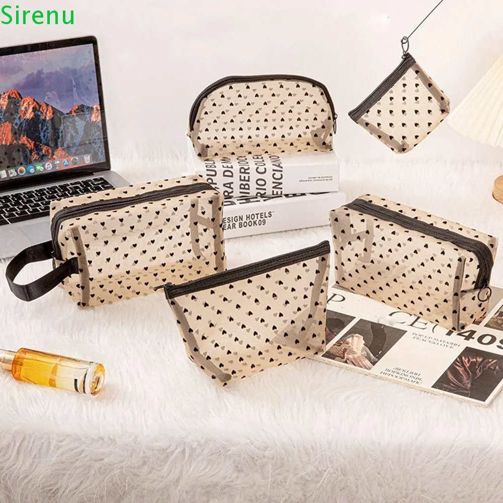 High Quality Heart Transparent Mesh Makeup Bag Black/White/Beige Multifunction Ladies Toiletry Storage Bag Portable Women Cosmetic Storage Pouch