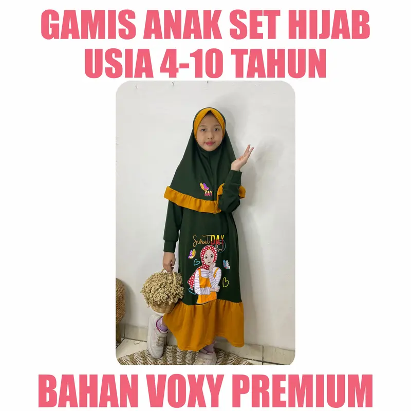 Baju Gamis Anak Perempuan Set Kerudung Usia 4-10 Tahun Motif Muslimah 5