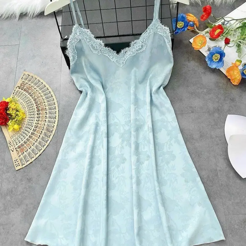 Bộ đồ ngủ nữ 2024 Phong Cách Mới Gợi Cảm Cám Dỗ Váy Ngủ Cổ Chữ V Sling Ice Silk Lụa Đơn Giản - Dress 2