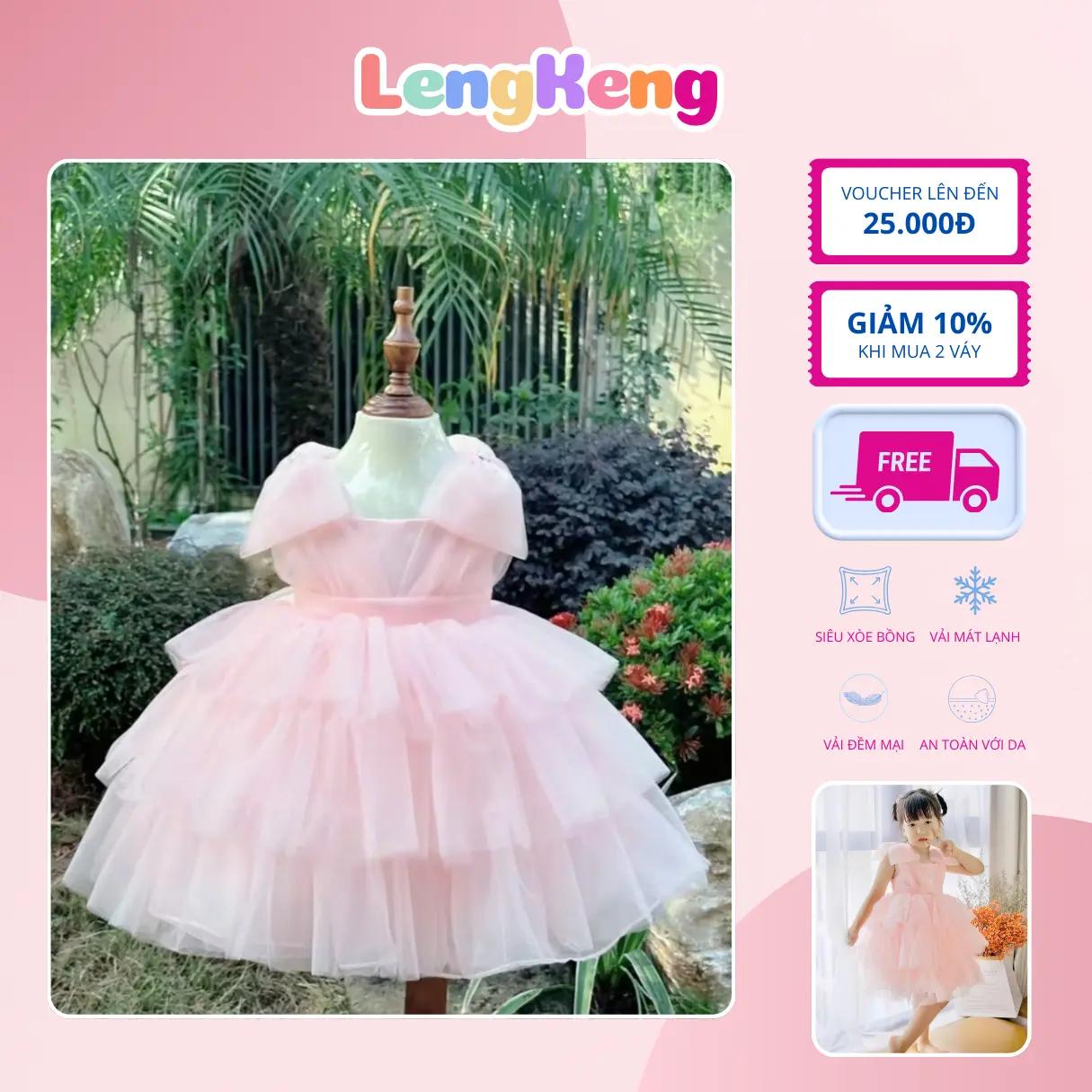 Váy công chúa 3 tầng nơ vai bé gái hai màu trắng hồng đủ size từ 9-30kg đầm bé gái đi tiệc , váy trắng bé gái , váy phù dâu cho bé gái
