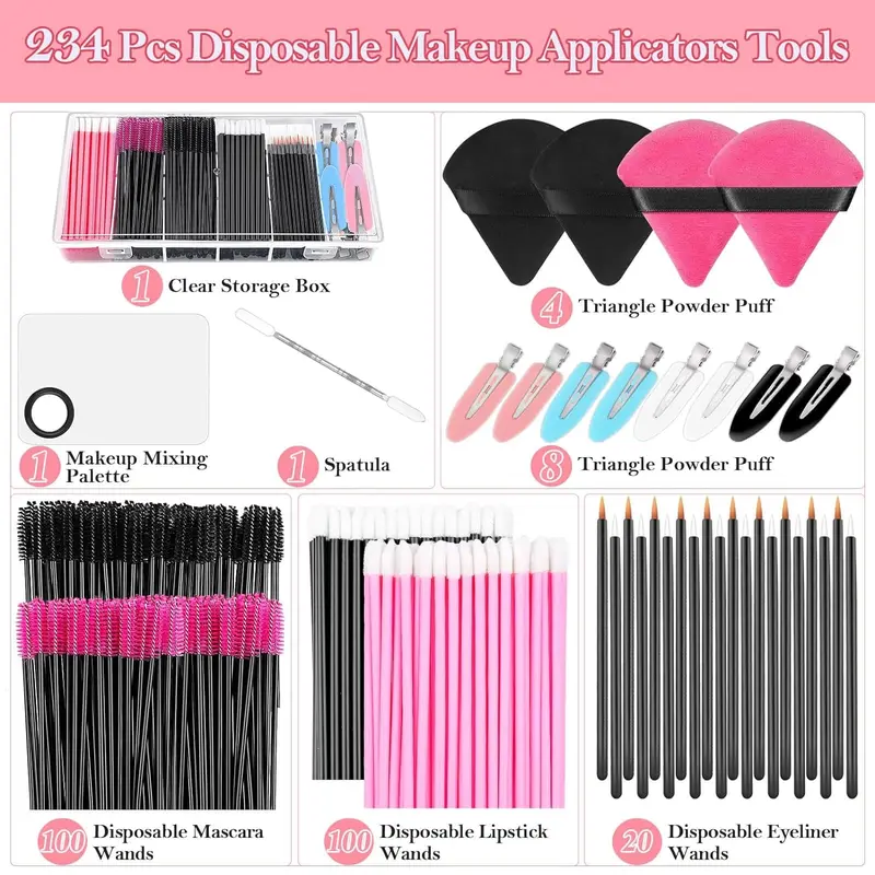 Mixed Styles Disposable Makeup Tool Set, 234pcs Makeup Tool Including Mascara Wands Eyebrow Brushes, Lip Brushes, Hair Clips, Fashion Makeup Tools for Women 2