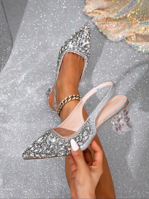 Women's Glitter Rhinestone Decorated Slingback Sandals,  Prom Sandals, Classy Sandals, Heeled Sandals, Elegant Comfortable Decorative Heel Sandals for Party, Daily Clothing Decor for Women & Girls, Footwear, Summer 6