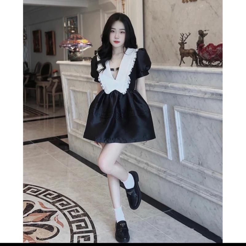 Váy tacta Phối cổ trắng nhọn( kèm quần rời )Nữ Women Màu Đen Dress Nhung Kem