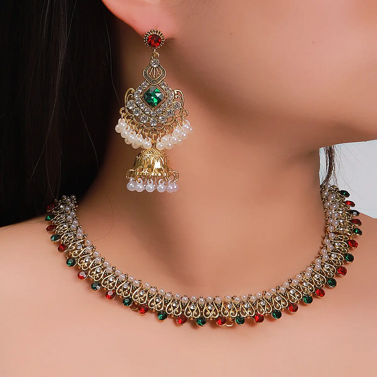 Vintage Collarbone Necklace Earring Set Indian Bell Pendant Tassel Bridal Jewelry Necklace Set