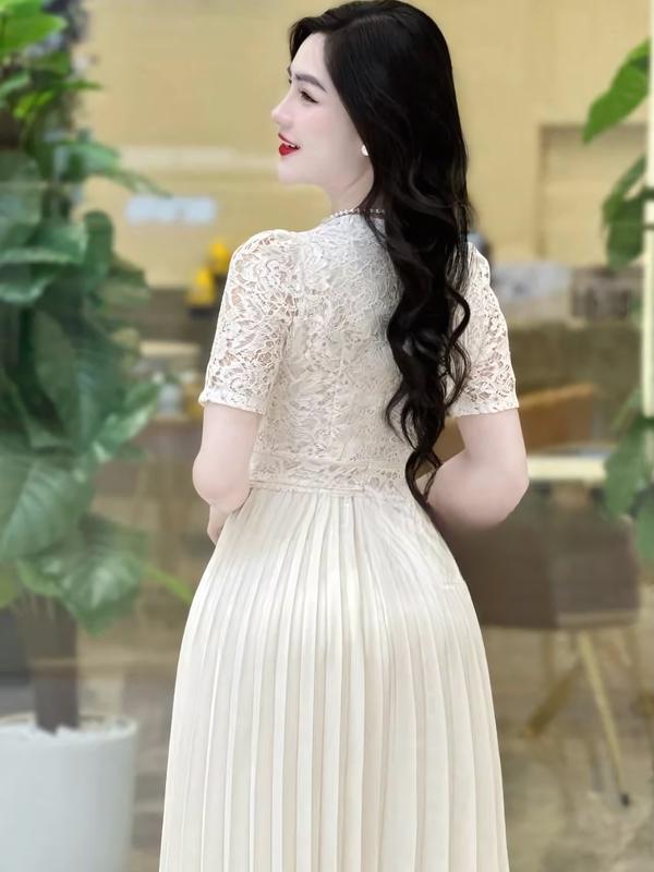  Đầm Dập ly Xu Hướng 2025 Váy ren hoa thiết kế phối chân váy dập ly vải lụa mịn  váy dự tiệc Nữ Dress Women 