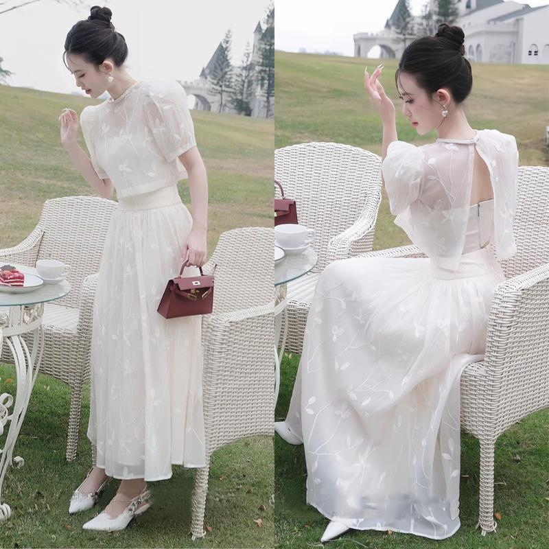 Set đồ nữ vải tơ thêu lá 3 món: áo 2 dây, áo khoác ngoài, chân váy dài sang chảnh màu trắng màu nude đi tiệc, đi chơi Women Dress
