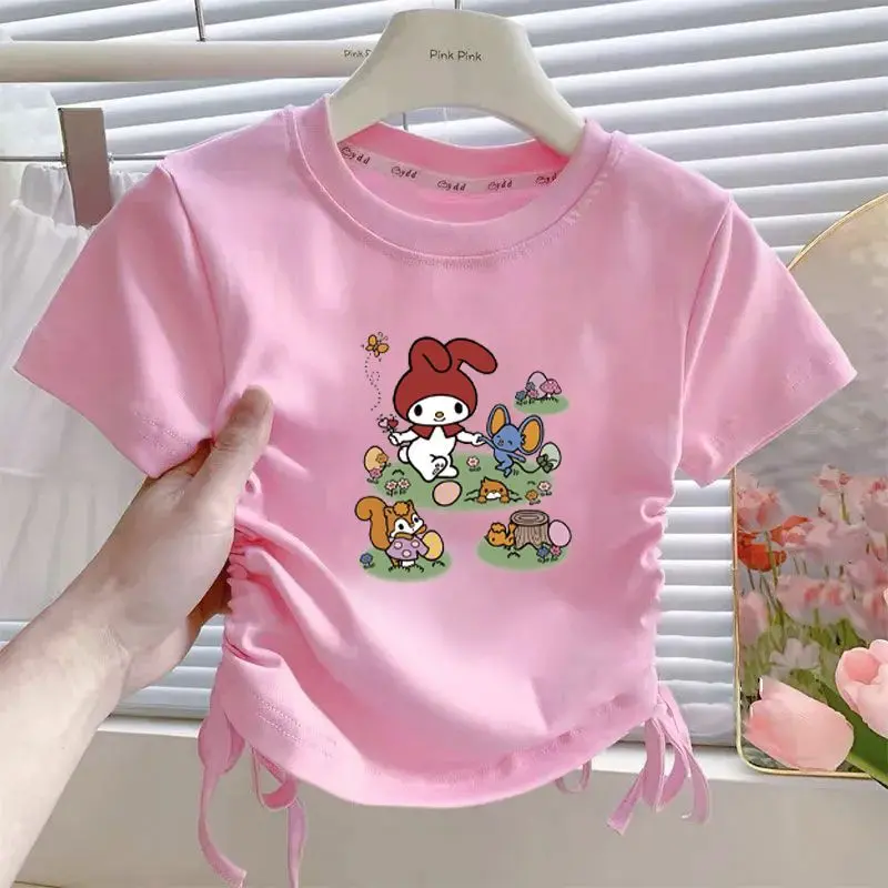 Áo ngắn Tay Cotton, Cho Bé Gái, Thiết Kế Hoạt Hình Ngọt Ngào Dây Rút, Phong Cách Công Chúa, Áo Thun, 2025, Thích Hợp Cho Bé Gái, Hàng Mới Về Mùa Hè 5