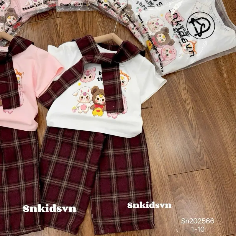 Set Quần suông kẻ áo cotton babythree kèm khăn - set quần kaki boom áo labubu croptop tay dài nhún eo 2 bên 10-30kg cho bé gái Cotton 5
