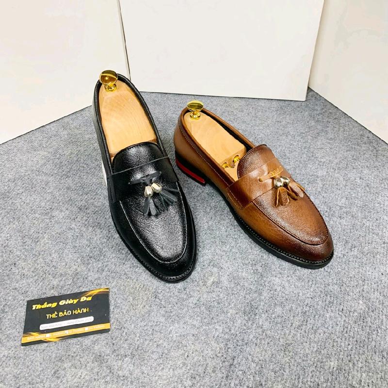 Giày Lười Đế Fip Gỗ, Chuông Bạc, Da Sần,