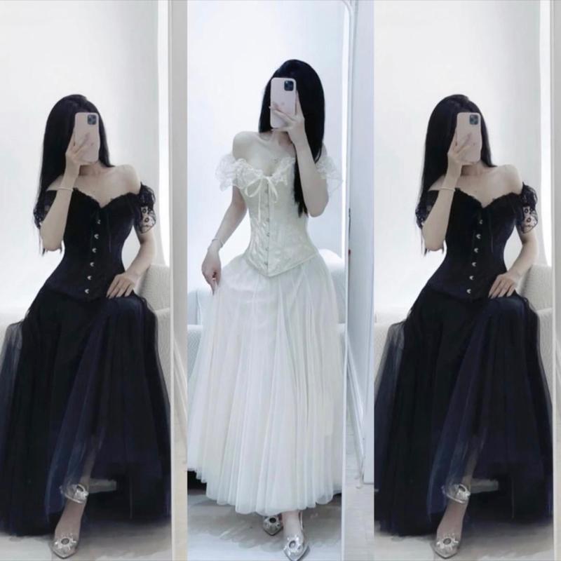 có bigsize - S011 - Set áo GẤM DÁNG DÀI TRỄ VAI + chân váy lưới xoè 3 lớp