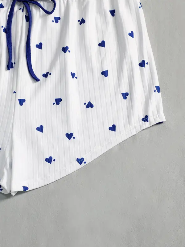 Women's Heart Print Cami Top & Adjustable Drawstring Shorts Loungewear Two-piece Set, Casual Comfy Pyjama Set for Women, Women's Sleepwear for Summer, Lingerie 2