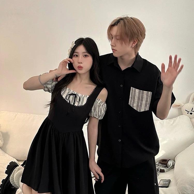 (giá mở bán-bigsize nữ 90kg nam max 100kg) Đen phối sọc dễ thương cho cặp đôi DESTINY COUPLE 1