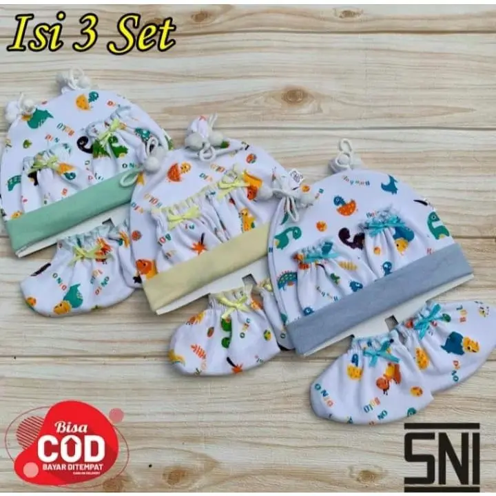 PROMO 3 Set Topi Bayi Warna Motif Topi Sarung Tangan Kaos Kaki Bayi Putih Warna 1