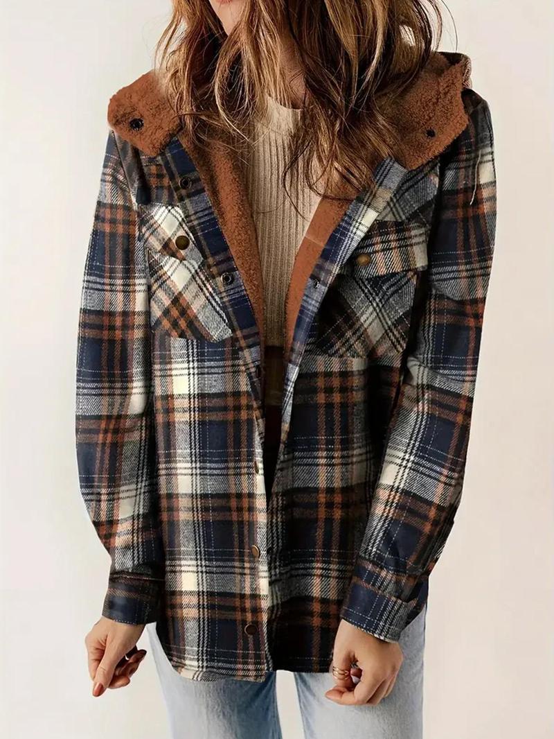 Product Introduction of Women's Plaid Print Button Front Hooded Jacket, Casual Long Sleeve Pocket Outerwear for Fall & Winter, Ladies Clothes for Daily Wear 6