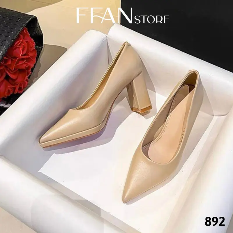 Giày cao gót mũi nhọn đúp đế vuông 8 phân 892 FFANSTORE, bít mũi da mềm mại big size màu đen be trắng đen da lộn 7