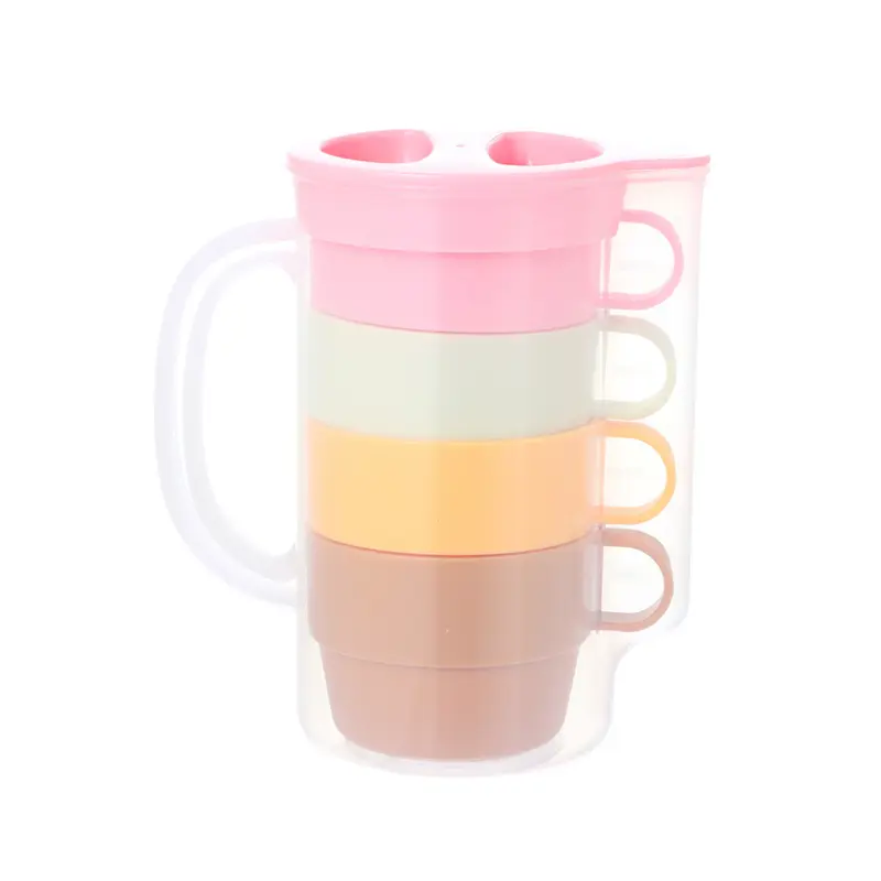 MINISO 1000ml  Pitcher Set 5 in 1 Pitcher Plastik 1L +  4 Cangkir Teko Pitcher Jus Teh Kopi Air Minum Jug Set Teapot Set Teko Gelas Ketel Air Minum Cerek Air 2