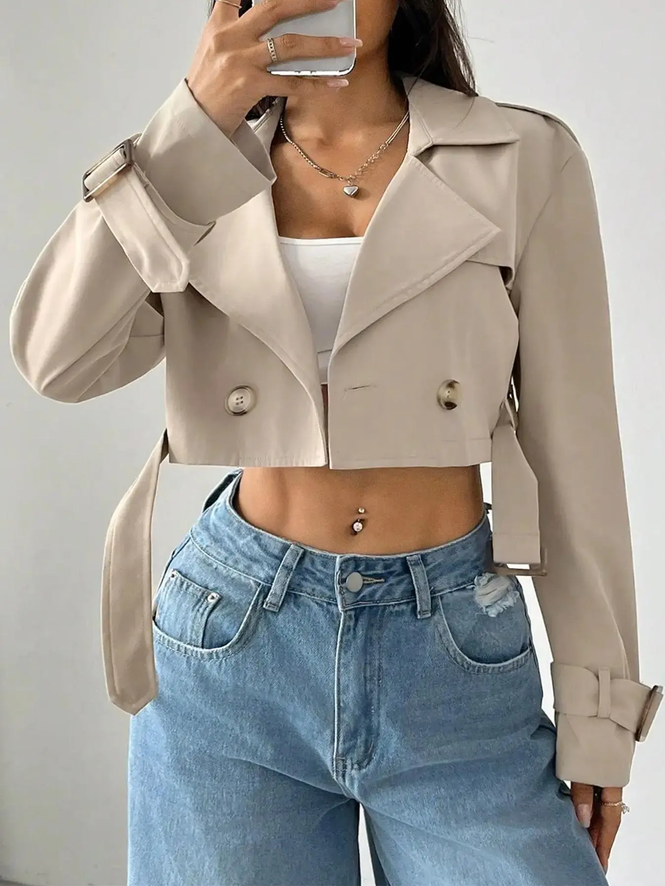 Women's Solid Color Double Button Belted Lapel Crop Trench Jacket, Casual Long Sleeve Outerwear for Fall & Winter, Jackets for Women, Ladies Clothes for Daily Wear