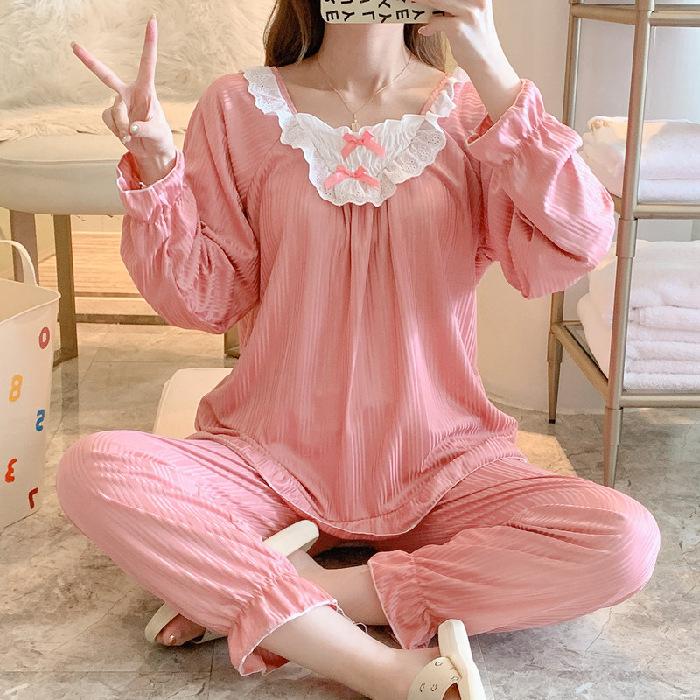 [MIS3131] Oneset Baju Tidur Piyama Wanita Lengan Panjang Celana Panjang Motif Polos Atasan Renda Setelan 1