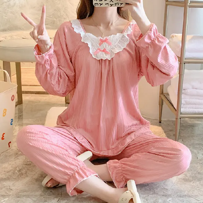 [MIS3131] Oneset Baju Tidur Piyama Wanita Lengan Panjang Celana Panjang Motif Polos Atasan Renda Setelan 0