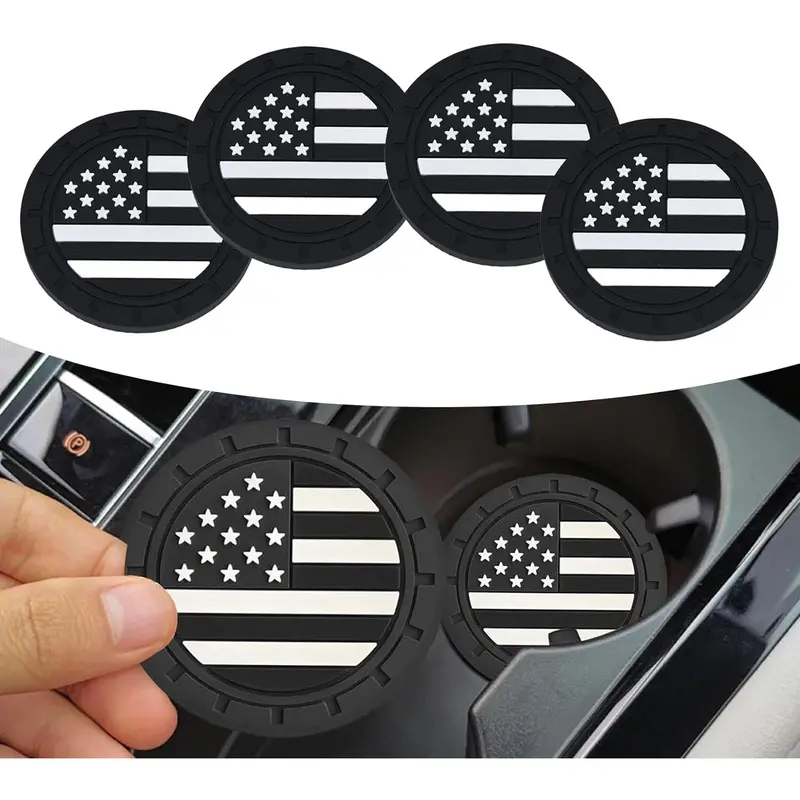4 PCS Car Cup Holder Coasters, American Flag Anti-Slip Shock-Proof Pad, 2.75In Waterproof Creative Embedded Drink Mat, Universal for Most Cars (Black) 0