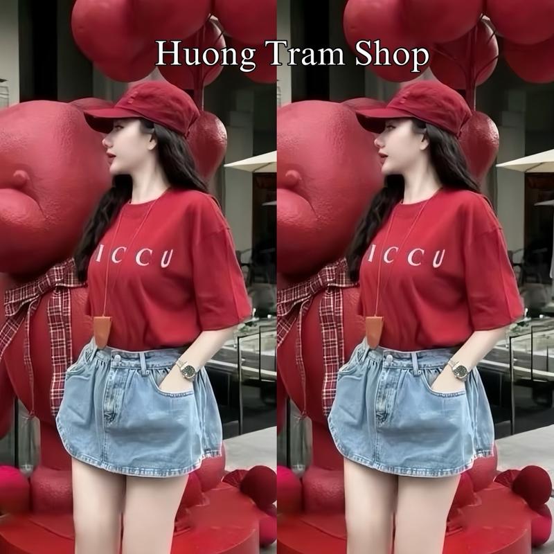 Áo thun cotton 4 chiều mềm mịn Đỏ Hot - GICCU , co giãn mềm mịn , Đúng Chữ, Form 45-70kg , form rộng dấu quần, Có may nẹp cổ và may cầu vai  Top Nữ Jean