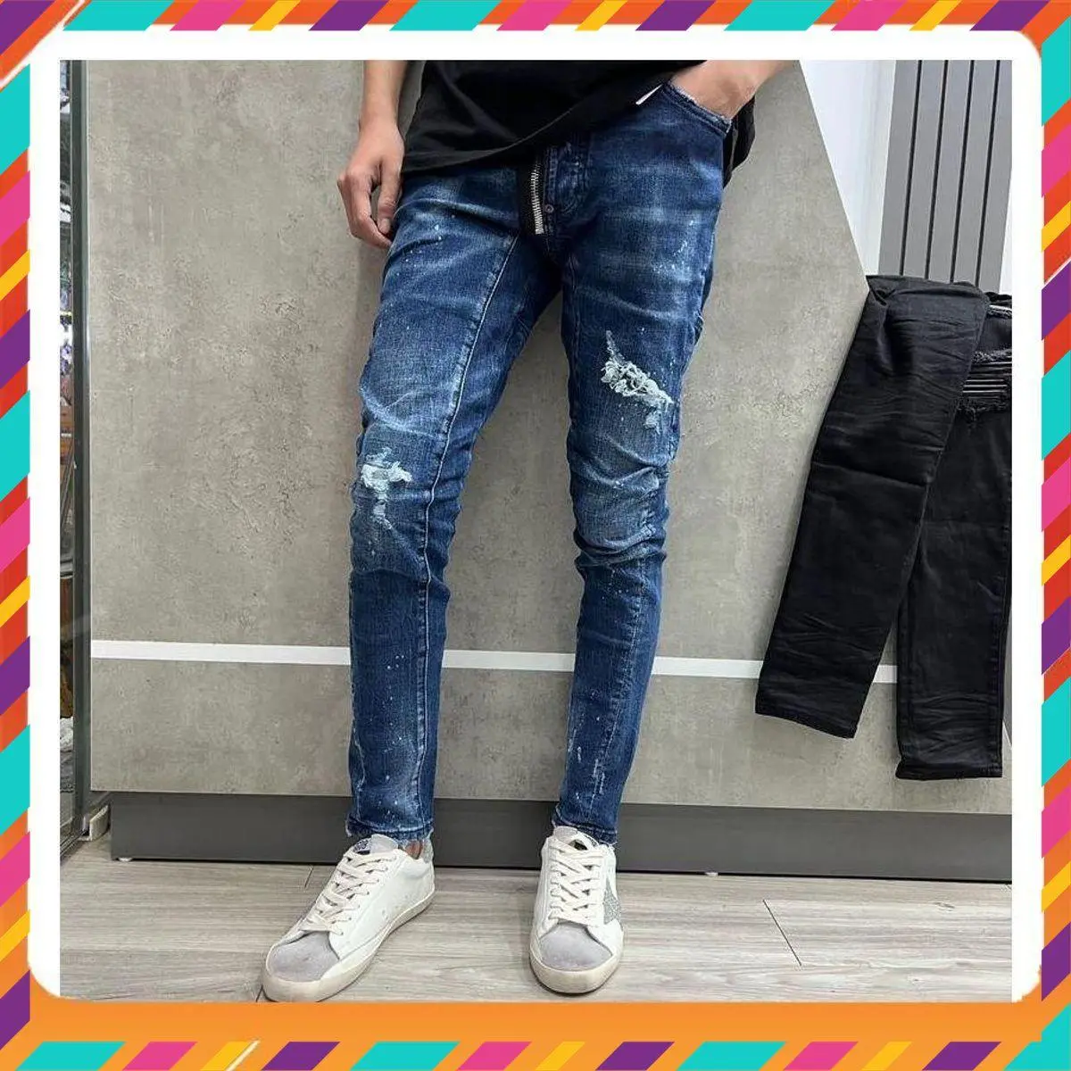 Quần jean bò vẩy sơn rách nhẹ khoá lệch ôm gọn cotton Nam Menswear Pants