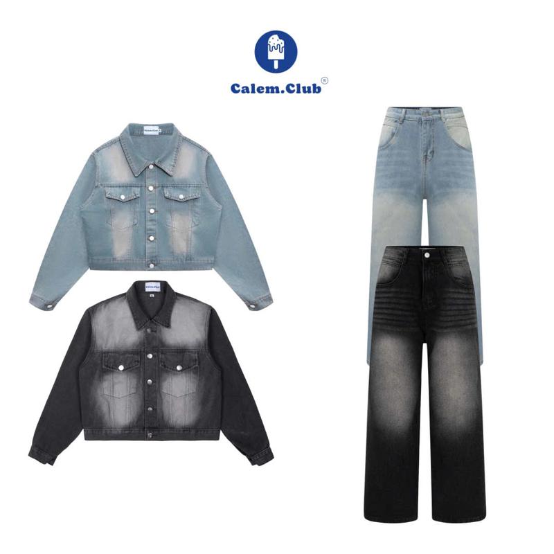 COMBO  Áo khoác jean form croptop và Quần dài jeans suông ống rộng Ong Nữ