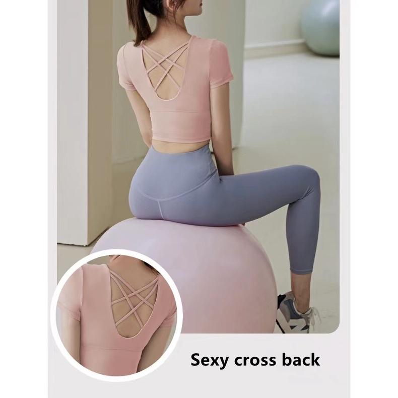 Maglietta sportiva da yoga semplice ad asciugatura rapida, ad alta resistenza, a maniche corte, con supporto, da corsa_voghion.com