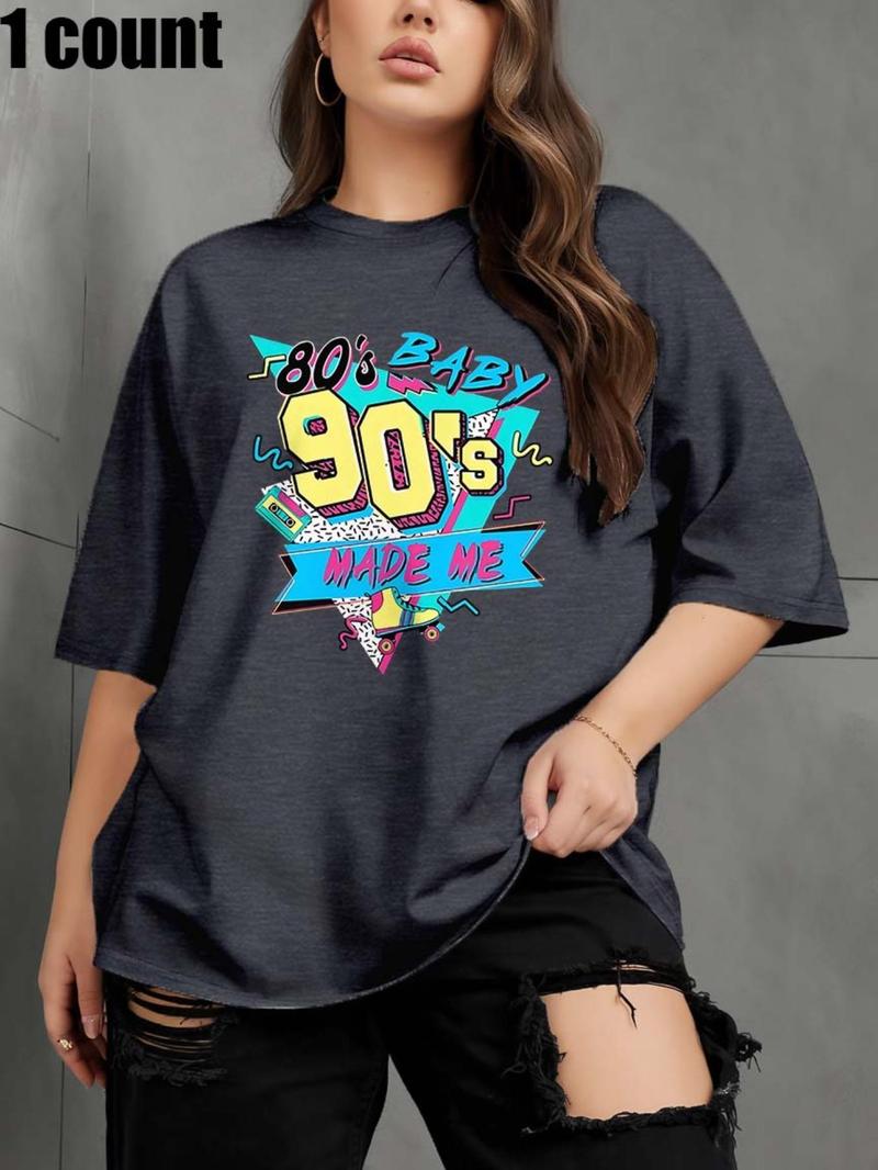Product Introduction of Plus Size 80s & 90s Made Me Letter Print Round Neck Tee, Casual Short Sleeve Crew Neck T-shirt for Summer, Women's Plus Clothing for Daily Wear 4