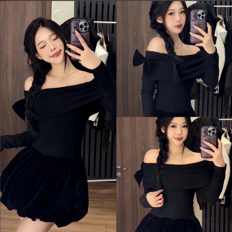 DONNA DRESS - Váy thiết kế trễ vai kèm nơ nhung sang chảnh