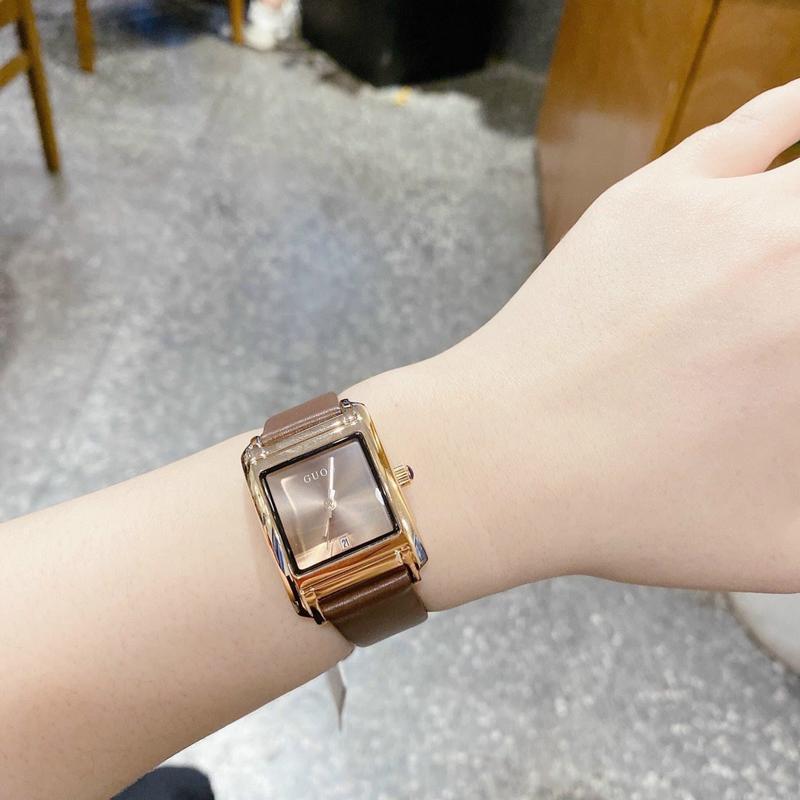 Đồng Hồ Nữ Dây Da GB Nâu Huyền Thoại Mặt Vuông Cong Dây Màu Nâu Đeo Tay Voi Đeo Tay Voi