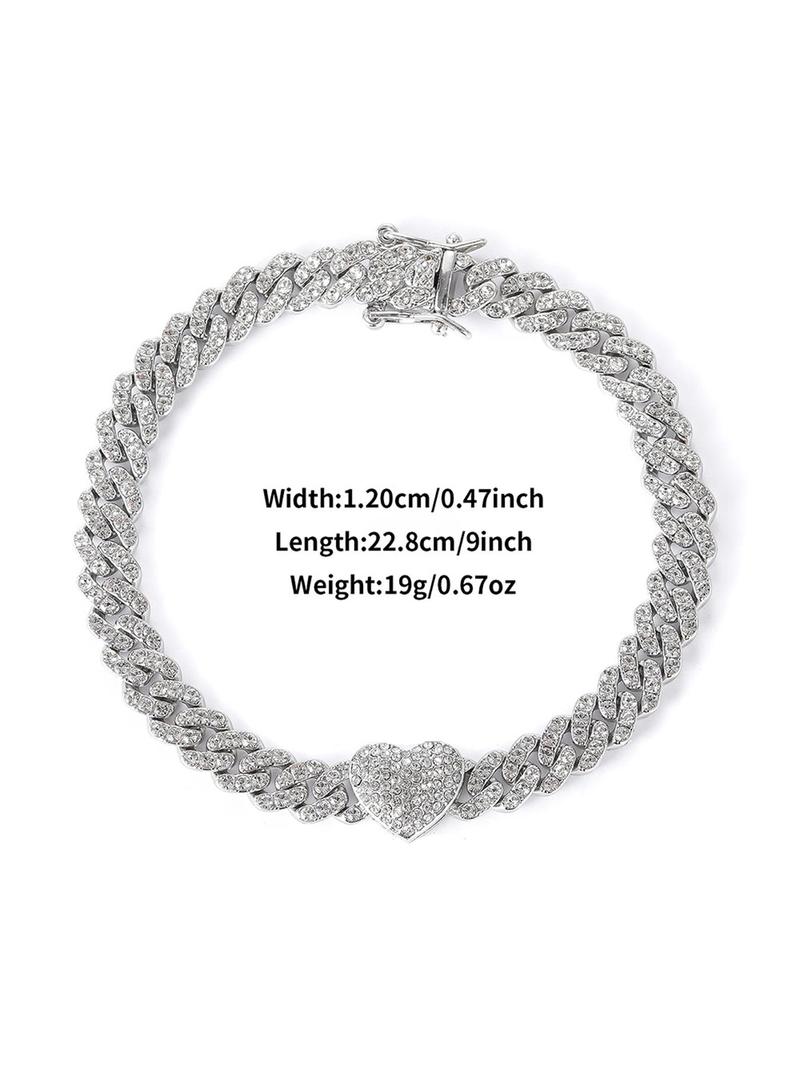 Product Introduction of Women's Elegant Rhinestone Decorated Heart Design Anklet, Exquisite Trendy Hip Hop Iced Out Jewelry Anklet, Fashionable Body Jewelry for Women & Girls, Valentine's Day, Gift 1