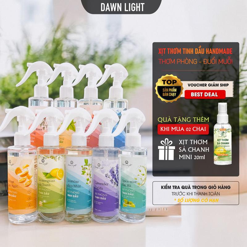 [Mua 2 Tặng 1 Sả Chanh Mini] Chai Xịt Phòng Handmade Dawn Light giúp thơm Phòng, an toàn, Khử Mùi Ẩm Mốc Hương Sả Chanh, Hoa Hồng, Lavender, Bạc Hà, Đào, Trà Trắng và Các Hương Trái Cây, Hoa Quả, Thảo Mộc Dawn Light