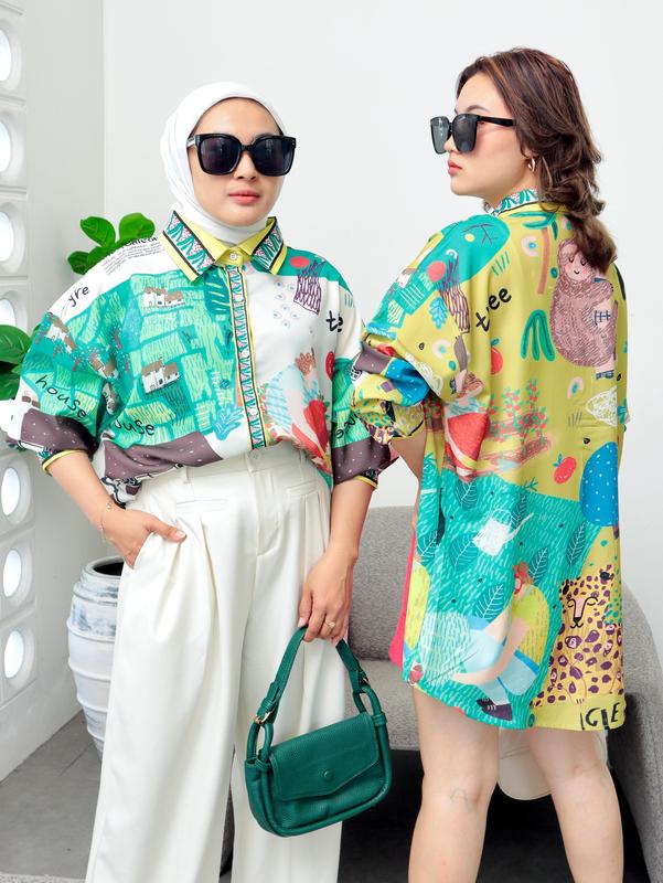 Kemeja Wanita Silk Aqiana Oversize - Baju Panjang Motif  Casual Atasan 7