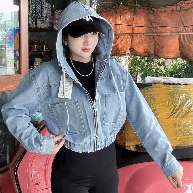 ÁO KHOÁC JEAN DÂY KÉO,CÓ NÓN,FROM NGẮN