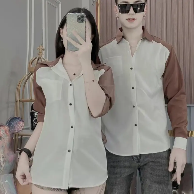 Áo sơ mi nam nữ tay dài thiết kế tay phối màu sang trọng chất lụa mềm mịn thoáng mát mẫu mới hót trend_kenkhang77 Menswear Shirt Có Cổ 6